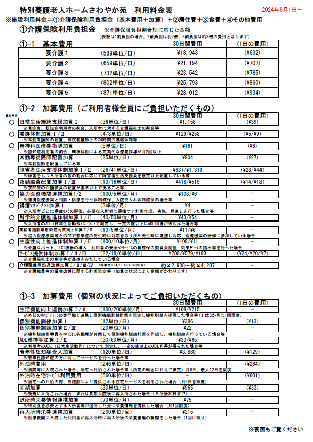さわやか苑特養利用料金表